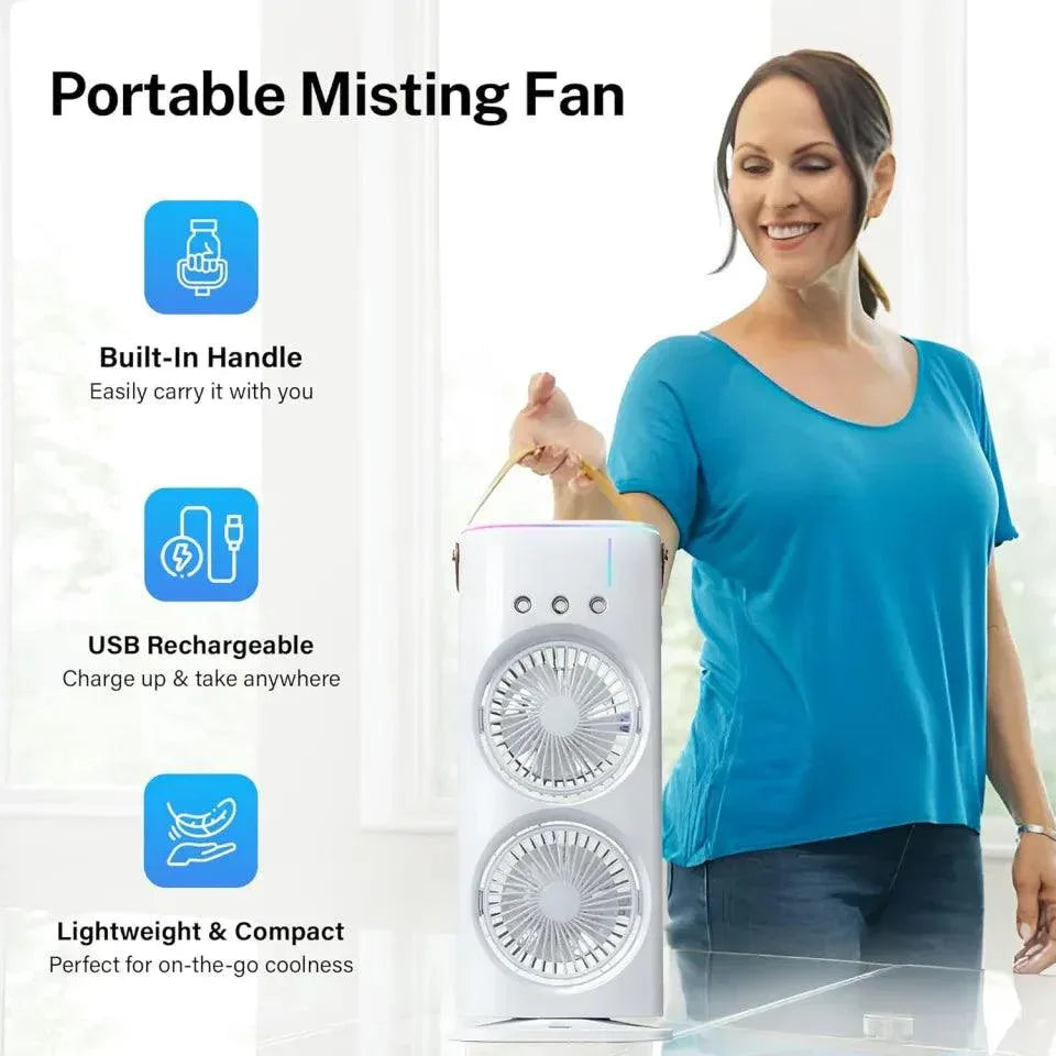 Rechargeable Mist Fan - Dual Spray with Automatic Rotation and Lighting Effects - Clarify.pk