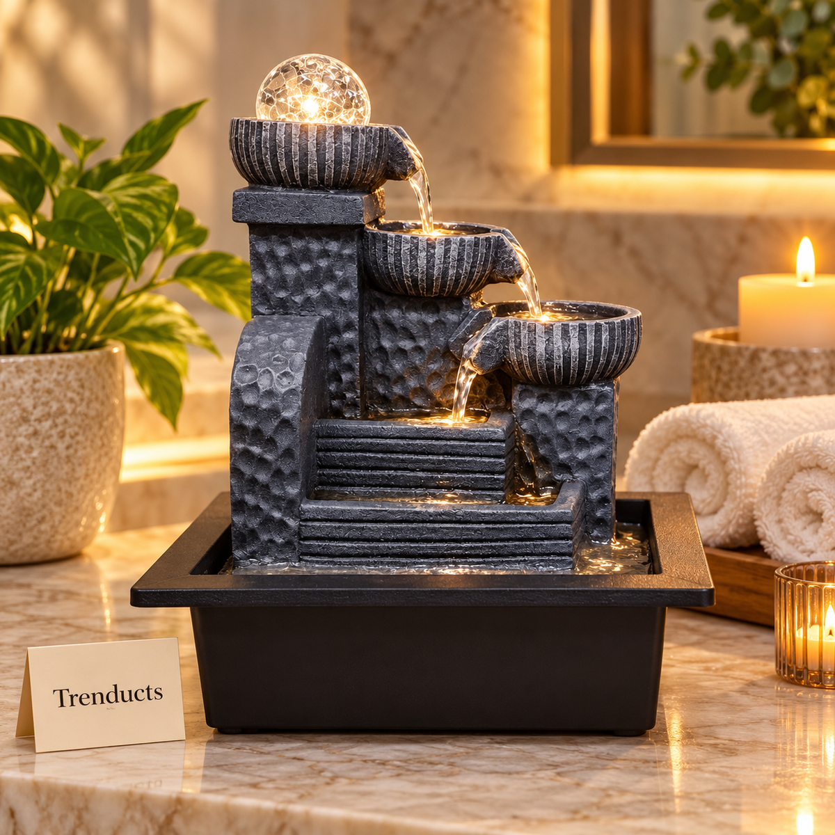 Stepped Column Tabletop Fountain with LED Crystal Ball & 3-Tier Cascade – Indoor Water Feature