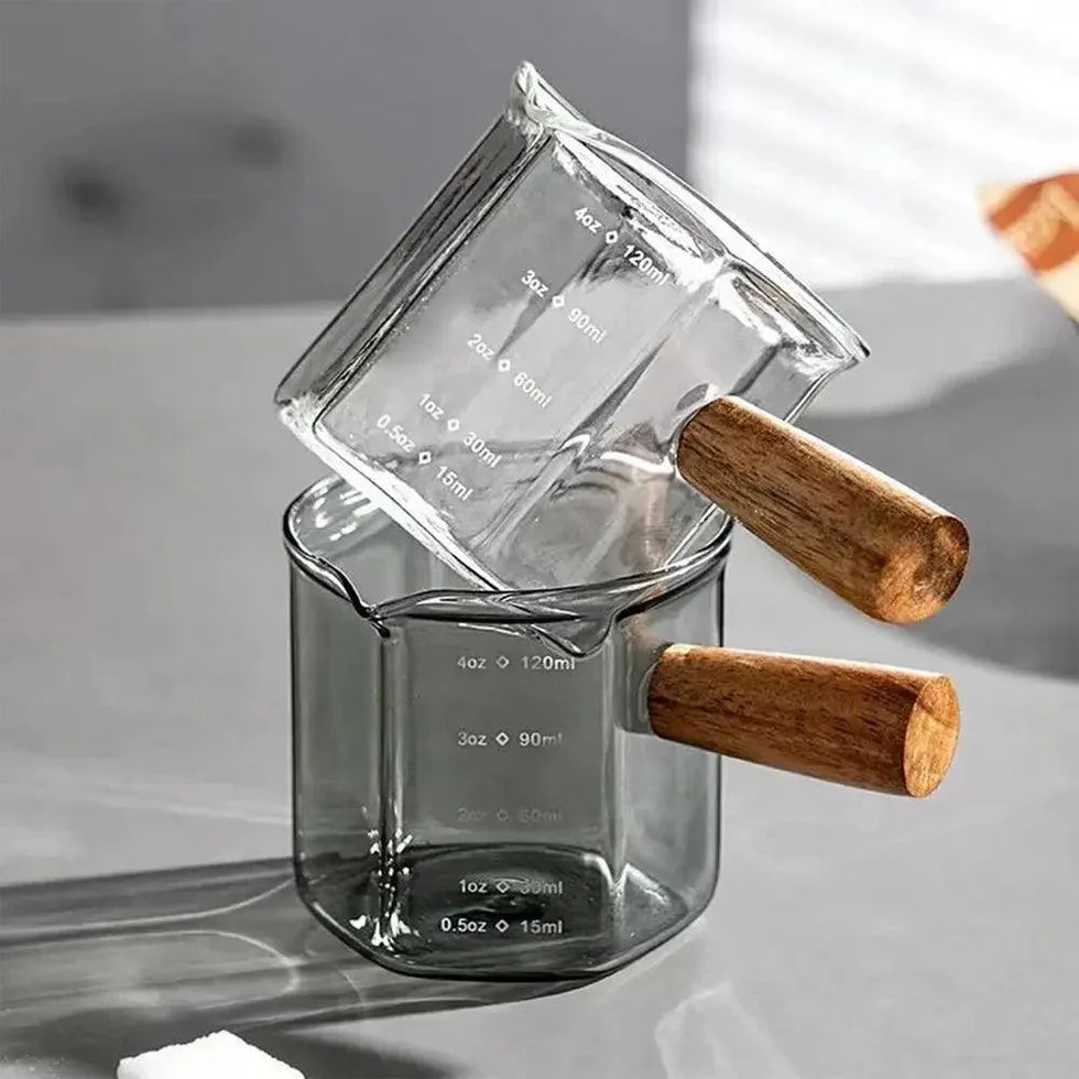 Heat-Resistant Glass Measuring Cup with Wooden Handle for Easy Pouring
