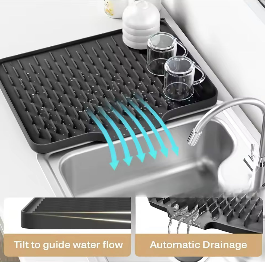 Silicone Dish Drainer Mat with Drain Outlet - Non-Slip Kitchen Drying Mat