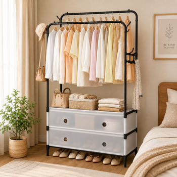Dual Pole Clothes Rack With Shoe Storage, Simple Clothes Storage Shelf, Bedroom Living Room Hanger, Living Room Clothes Storage Rack