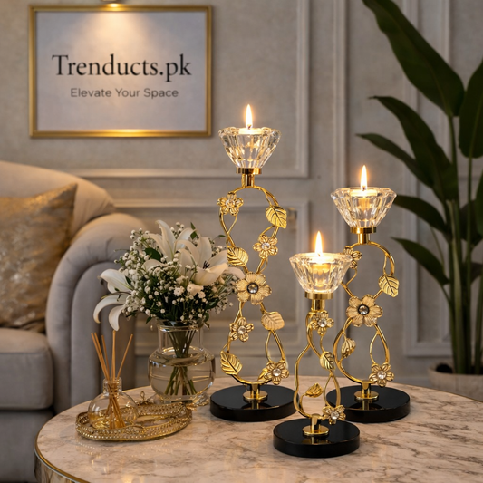 3-Piece Floral Gold & Crystal Metal Candle Holder Set