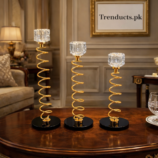 3-Piece Spiral Gold & Crystal Metal Candle Stand Set