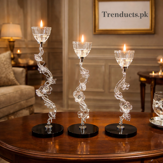 3-Piece Floral Silver & Crystal Metal Candle Stand Set