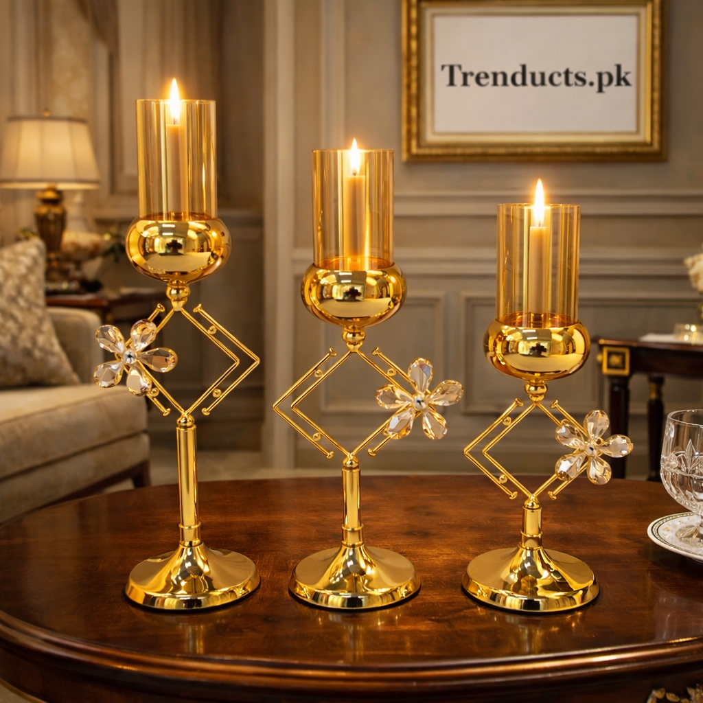 3-Piece Geometric Gold Flower & Glass Candle Holder Set