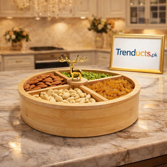 4-Partition Bamboo Dry Fruit Box with Golden Deer Handle