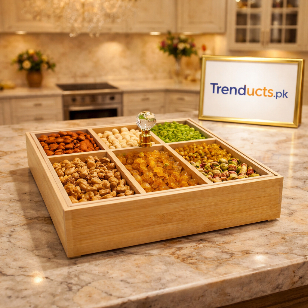6-Partition Rectangular Bamboo Dry Fruit Box with Crystal Handle