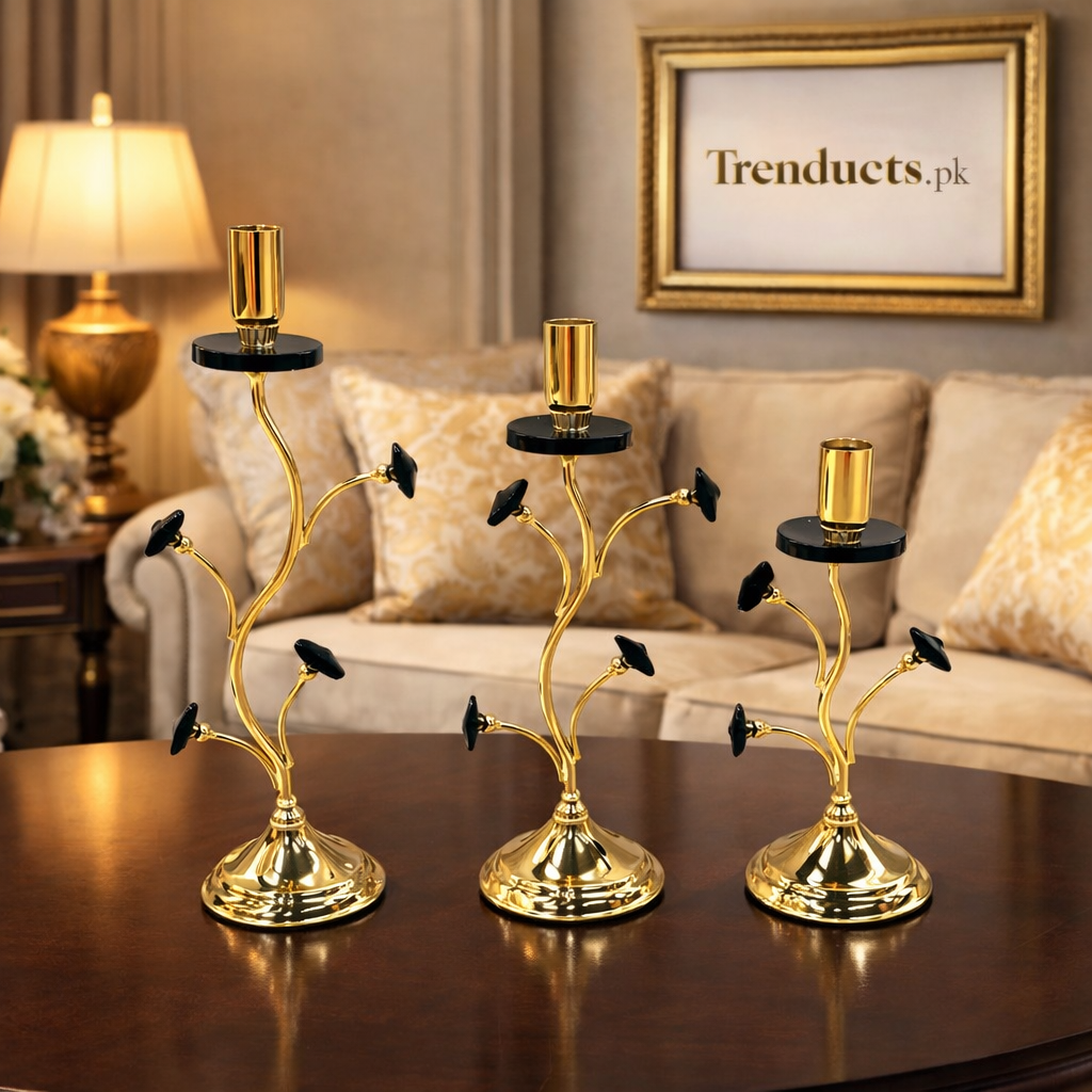 3-Piece Modern Branch Gold Metal Candle Stand Set