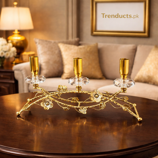 Horizontal Floral Gold & Crystal 3-Cup Candle Stand