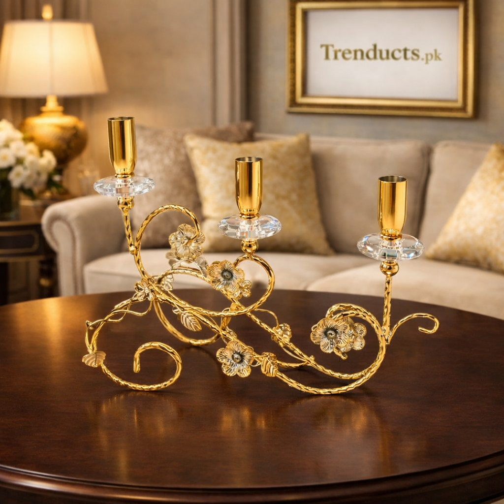 Floral Gold & Crystal Curved 3-Cup Candle Stand
