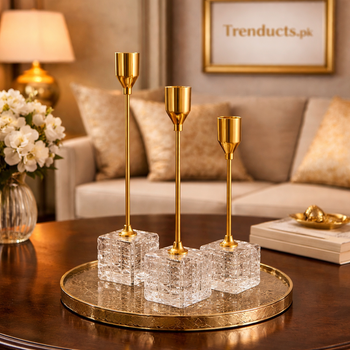 3-Piece Modern Gold Metal & Crystal Cube Candle Stand Set