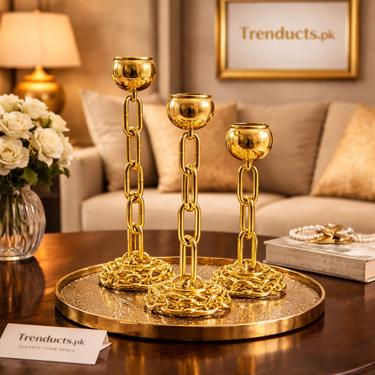 3-Piece Industrial Gold Chain Metal Candle Stand Set