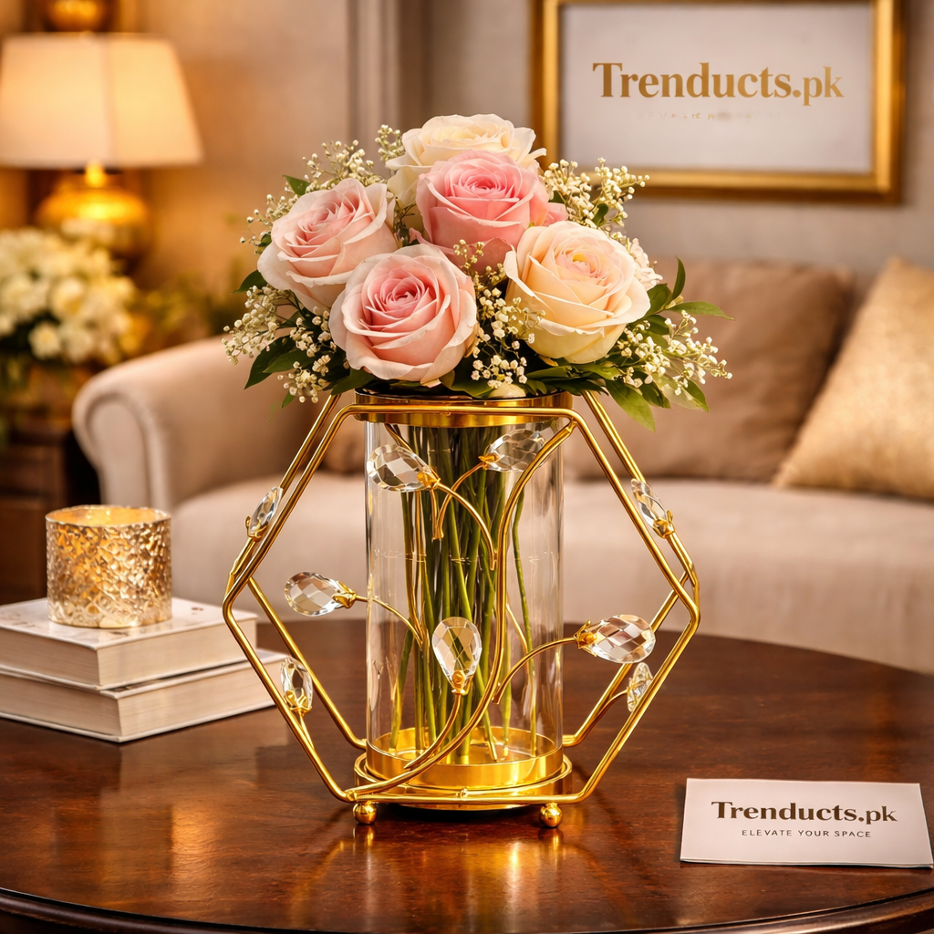 Hexagonal Gold Botanical Metal Vase & Candle Holder