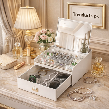 Premium Drawer-Linked Jewelry & Cosmetic Organizer with Integrated Mirror