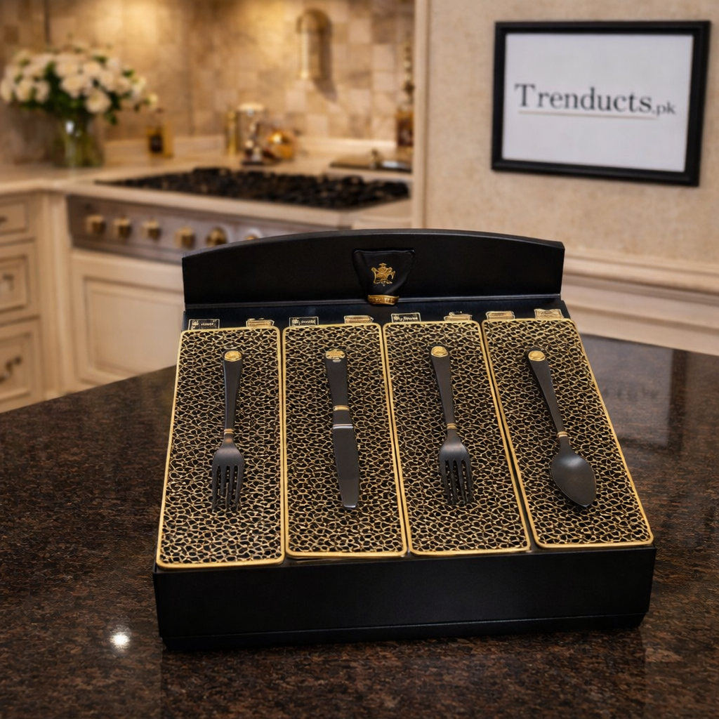 Luxury Antique Black & Gold Mesh Cutlery Organizer with Hinged Lids