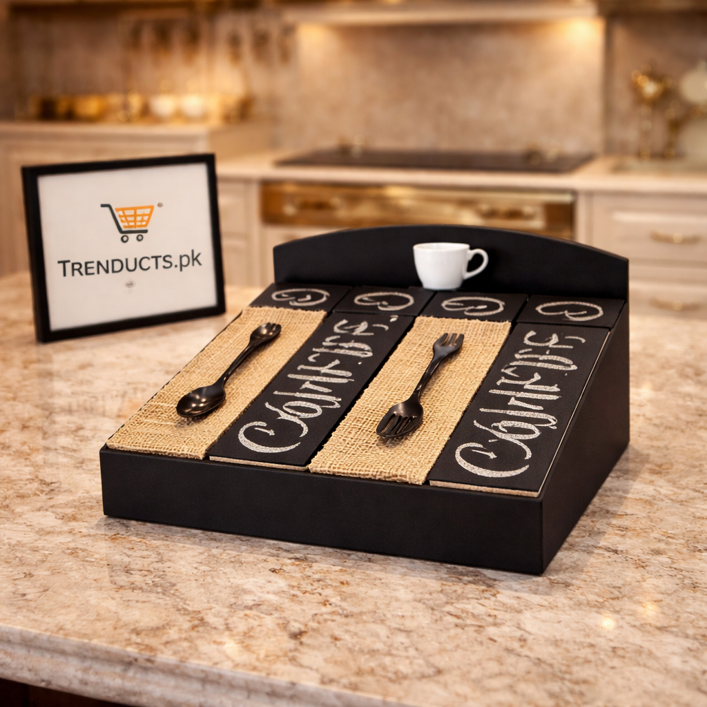 Premium Antique Wood & Mesh Cutlery Organizer – Black & Coffee Edition