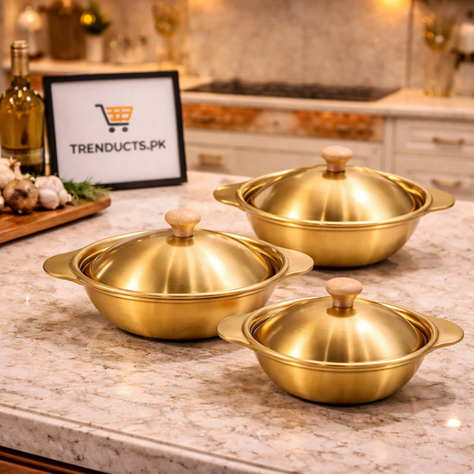 Premium Golden Serving Bowl with Wooden Knob Lid