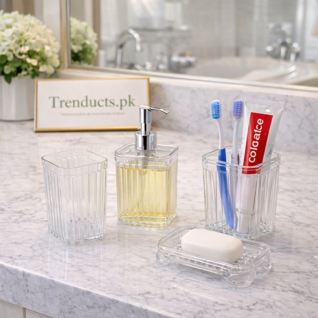 Premium 4-Piece Acrylic Ribbed Bathroom Accessory Set