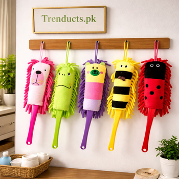 Yellow and pink cartoon character microfiber dusters with plush handles for fun and easy home cleaning - Trenducts Pakistan