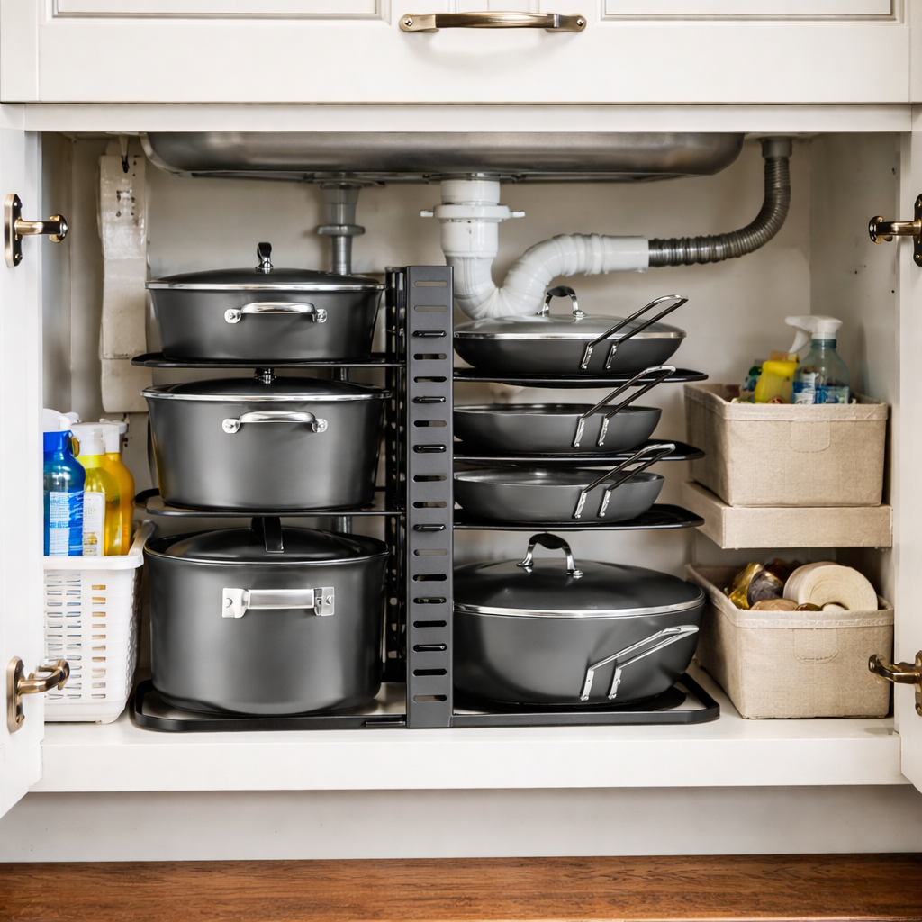 Pan Organizer Rack 8-Tier Adjustable Pot and Pan Organizer Rack | Kitchen Storage ...