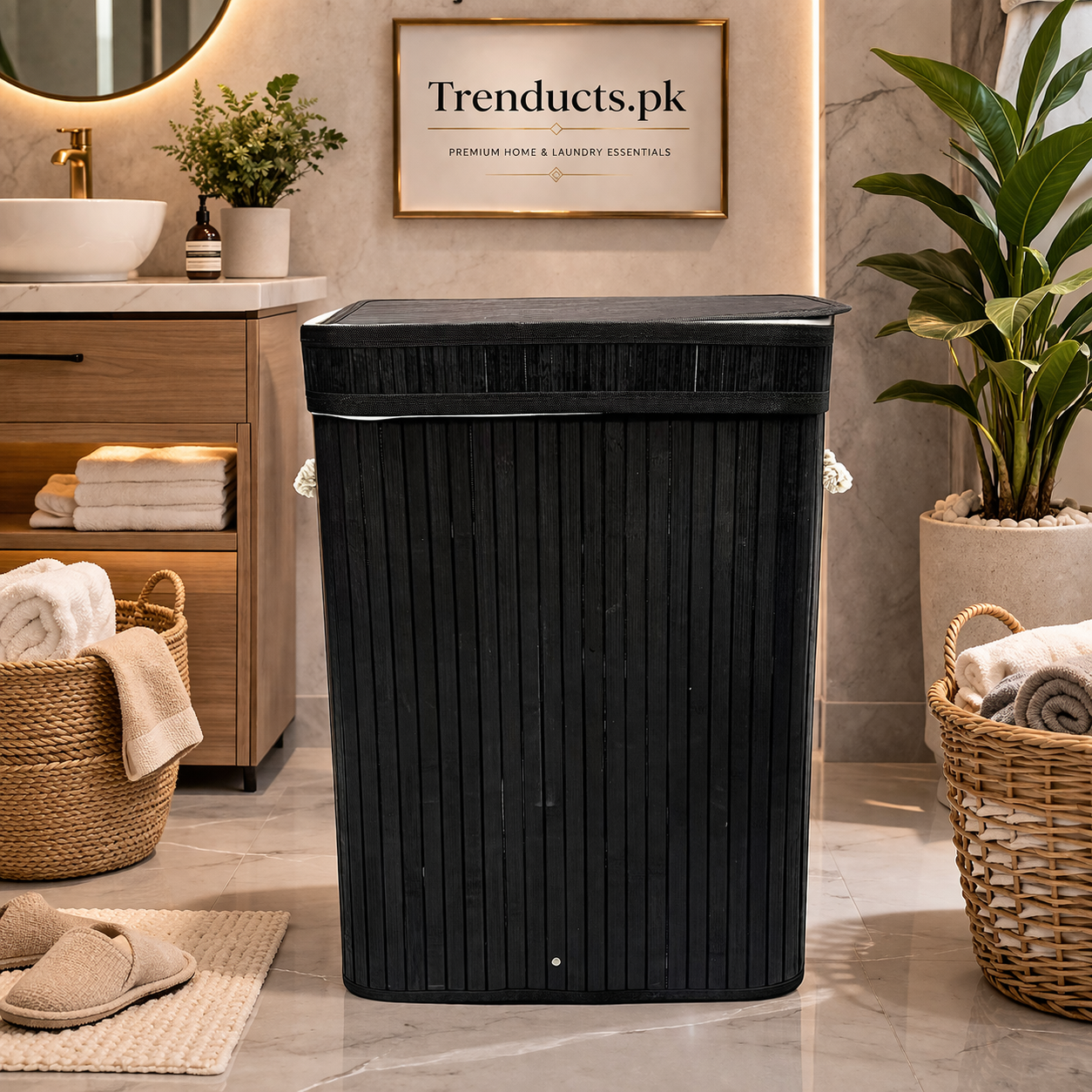 Bamboo Laundry Basket – Foldable Heavy-Duty Clothes Hamper with Lid & Removable Washable Liner