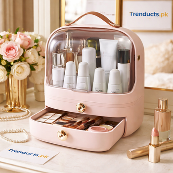 Large white makeup and jewelry storage box with transparent dust-proof lid and gold handles.