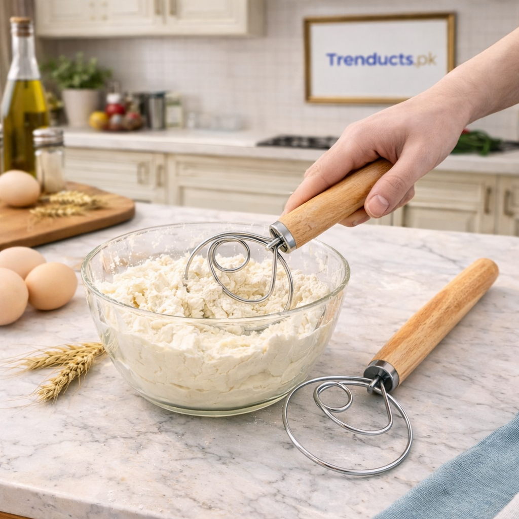Dough Whisk – Stainless Steel Dutch Dough Mixer with Wooden Handle