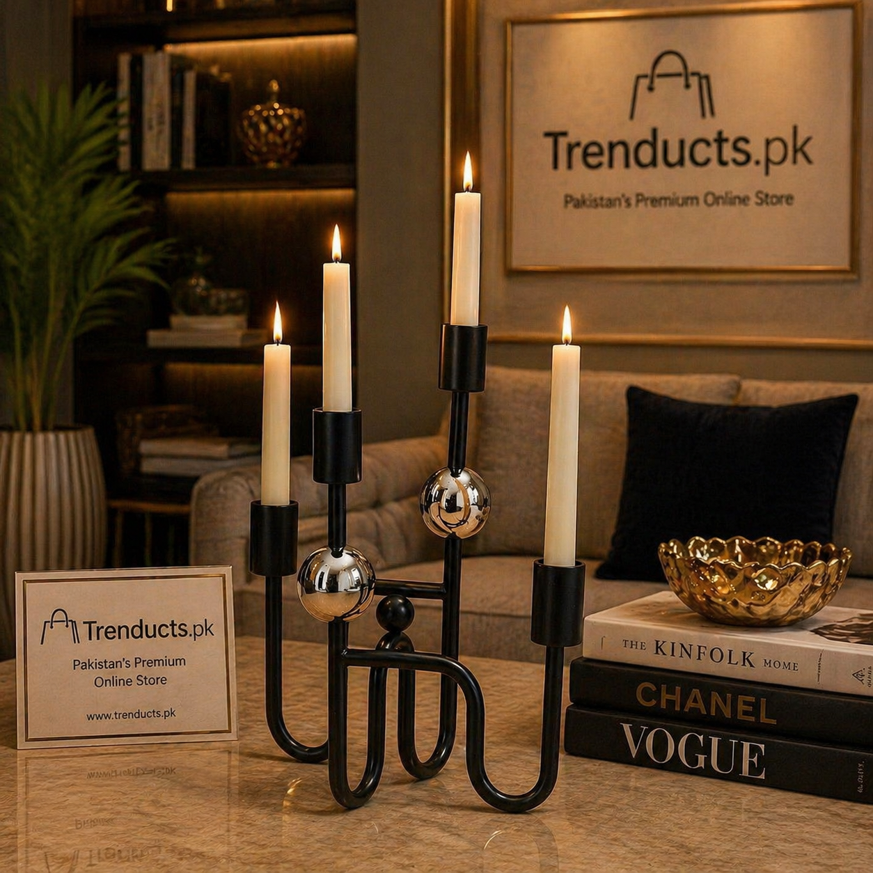 Modern Black Metal Candle Stand – 4-Tier Geometric Candelabra for Taper Candles & Home Decor