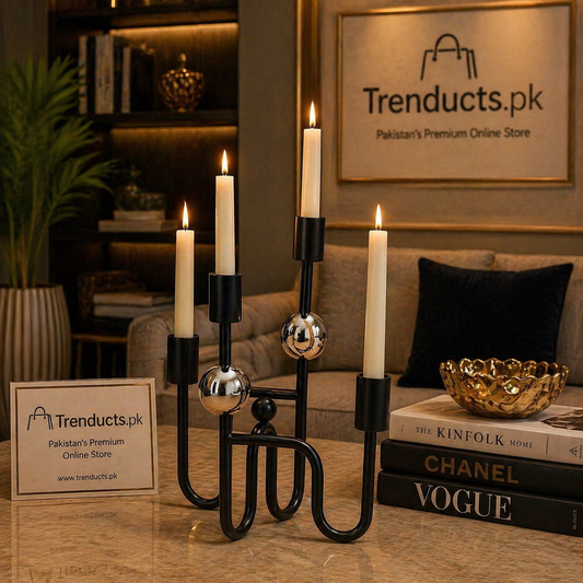 Modern Black Metal Candle Stand – 4-Tier Geometric Candelabra for Taper Candles & Home Decor