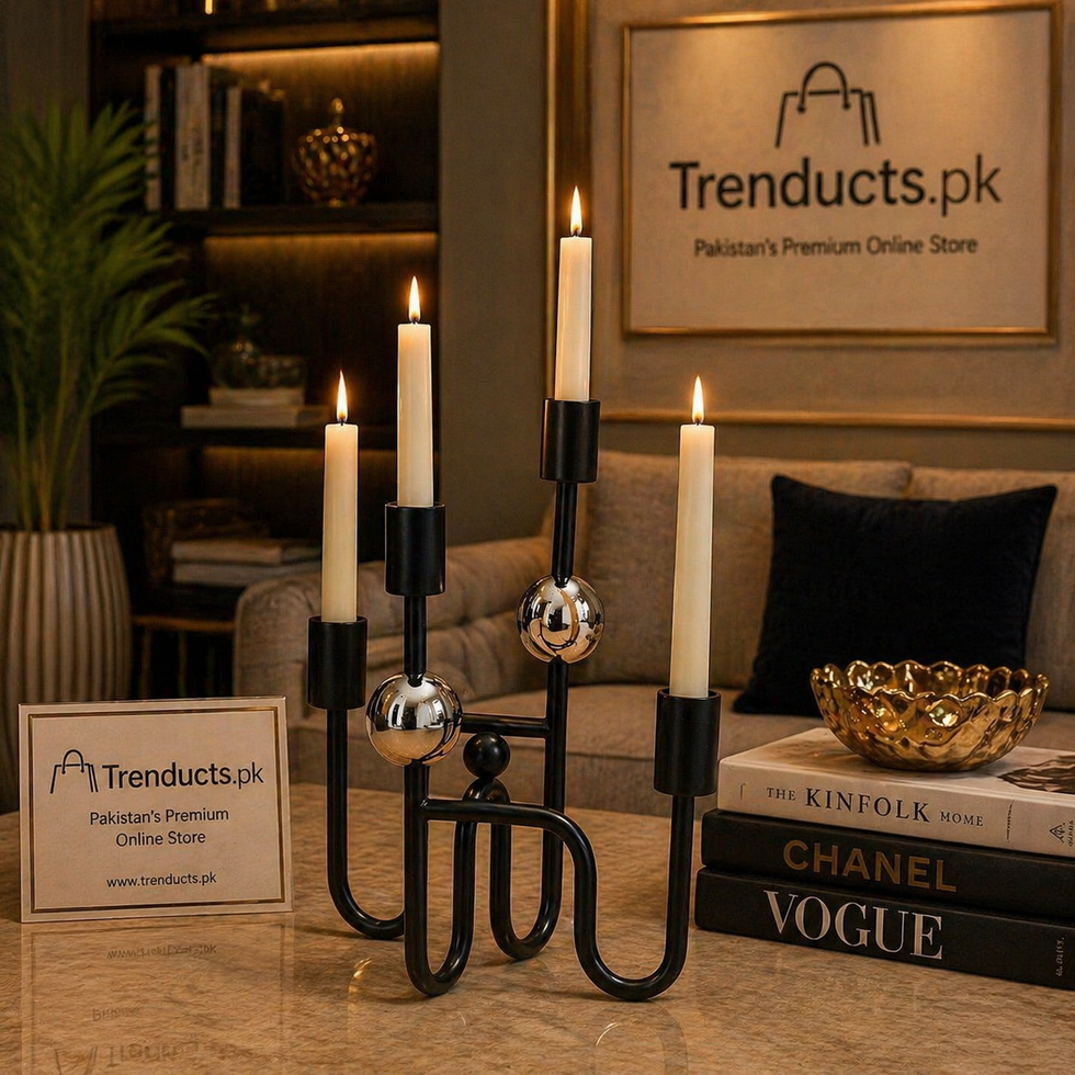 Modern Black Metal Candle Stand – 4-Tier Geometric Candelabra for Taper Candles & Home Decor