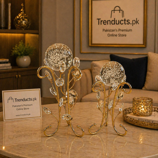 Metal Crystal Ball Decor – Elegant Gold Display Stand with Crystal Accents for Home & Office