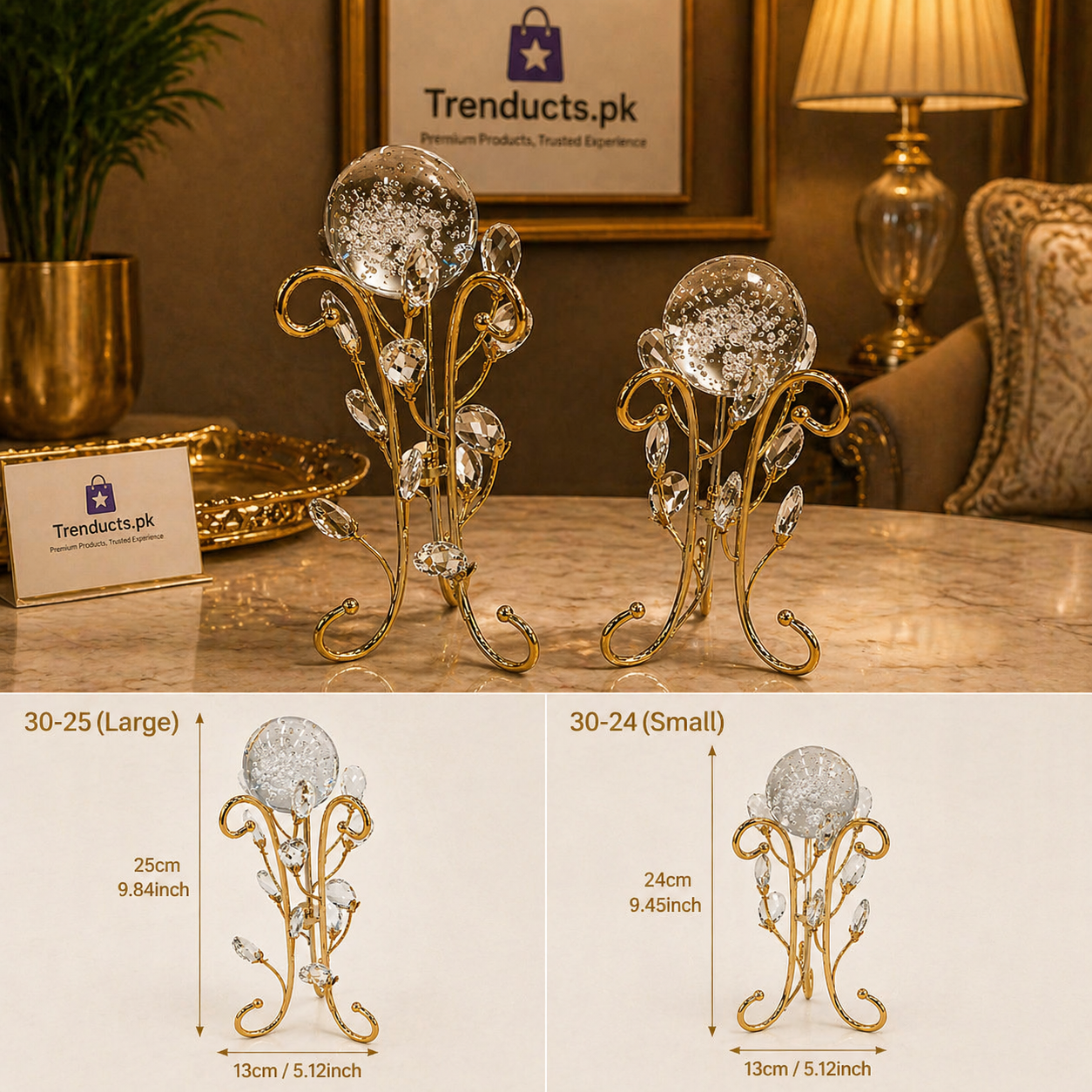 Metal Crystal Ball Decor – Elegant Gold Display Stand with Crystal Accents for Home & Office
