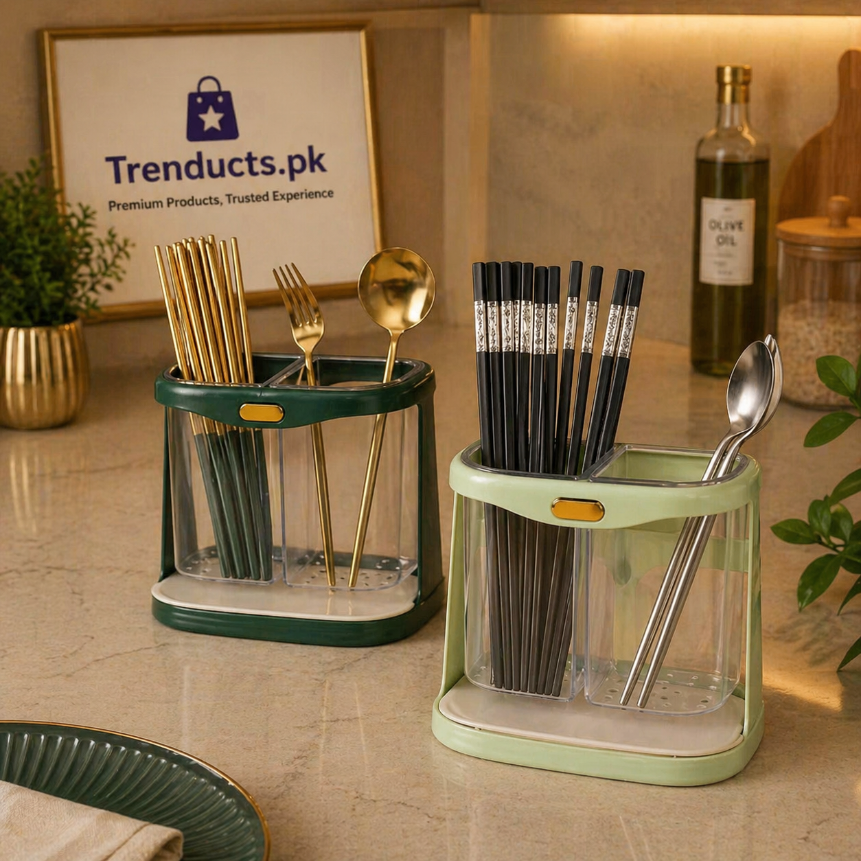 Modern Cutlery Holder – Dual-Slot Kitchen Utensil Organizer with Drip Tray & Gold Accents