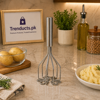 High-quality stainless steel potato masher with an ergonomic handle on a kitchen counter.