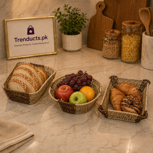 Modern Iron Wire & Cane Storage Basket – Minimalist Bread & Fruit Organizer in 3 Geometric Shapes