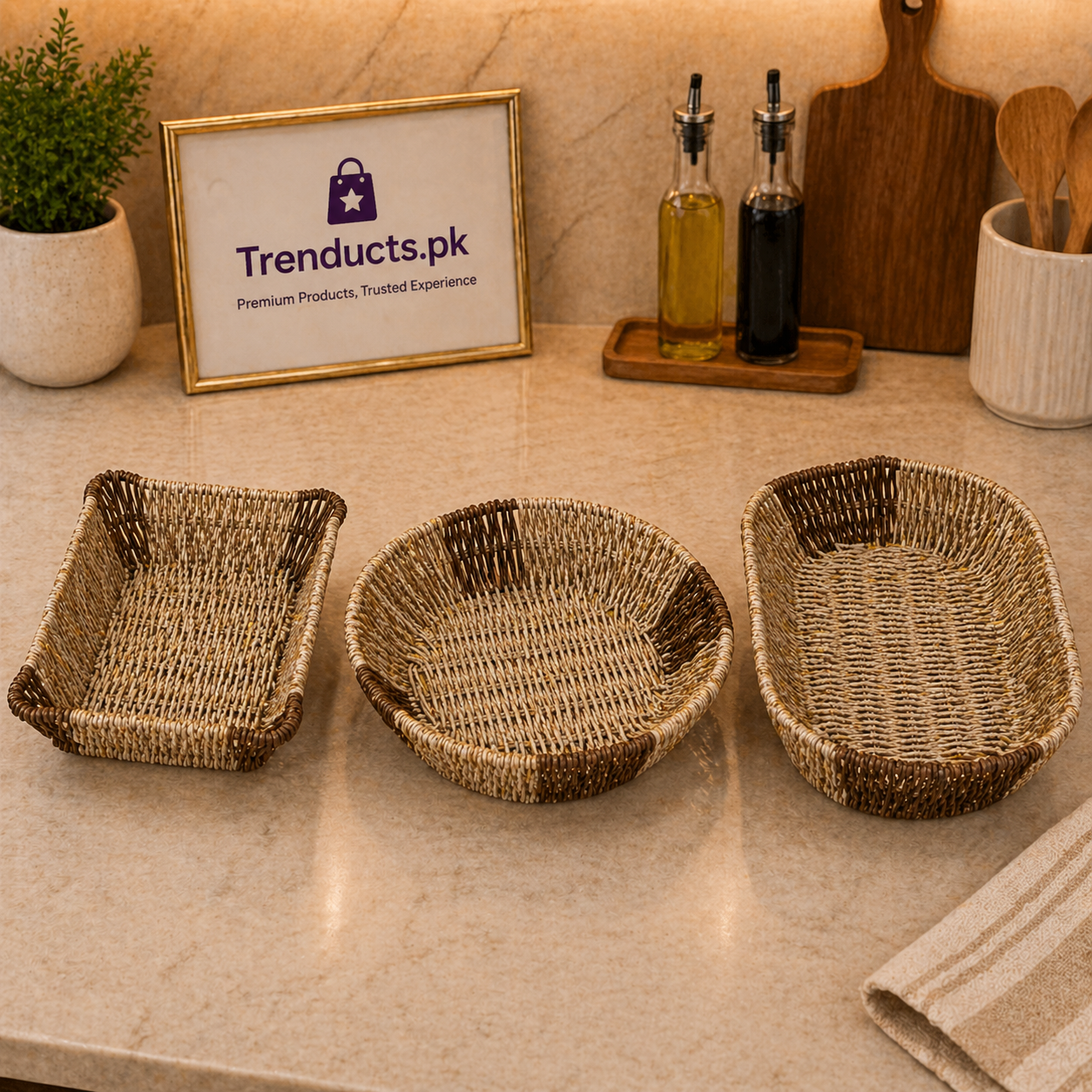 Modern Iron Wire & Cane Storage Basket – Minimalist Bread & Fruit Organizer in 3 Geometric Shapes