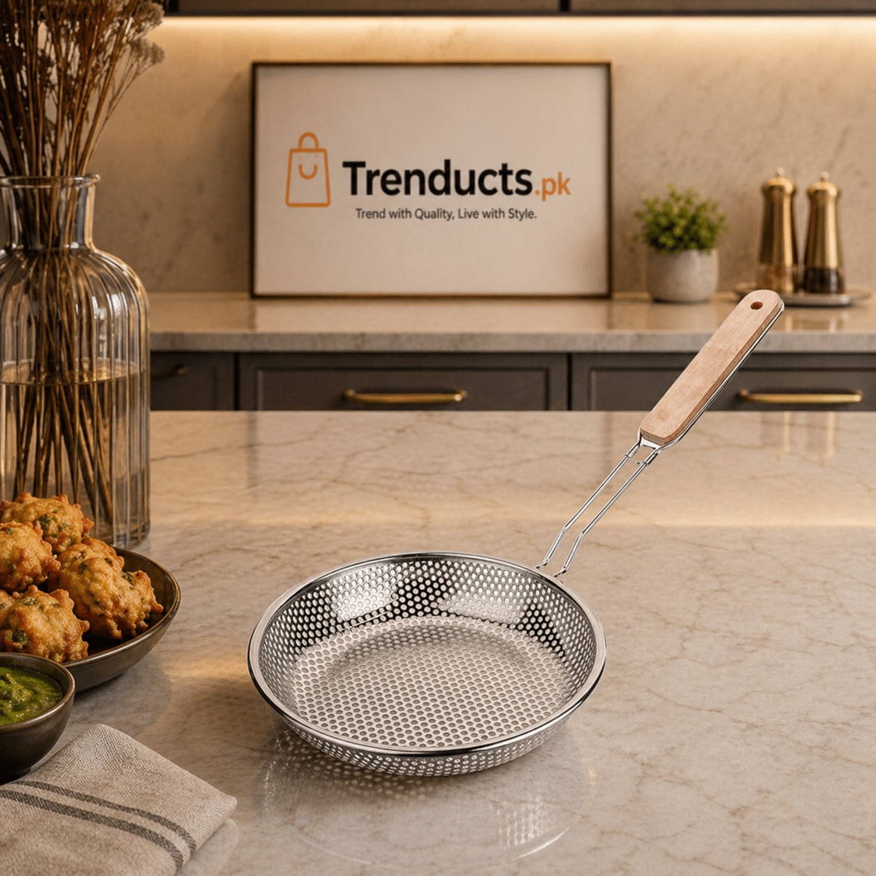 Stainless Steel Fine Mesh Strainer – Heavy-Duty Juice & Pakora Skimmer with Heat-Resistant Wood Handle
