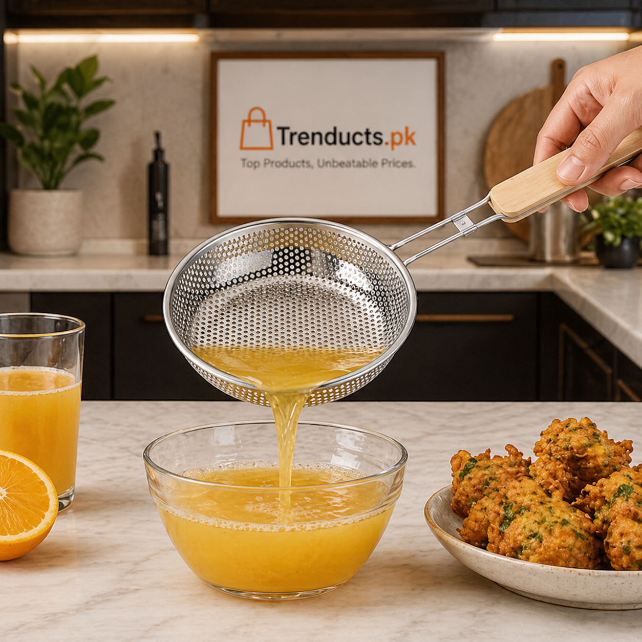 Stainless Steel Fine Mesh Strainer – Heavy-Duty Juice & Pakora Skimmer with Heat-Resistant Wood Handle