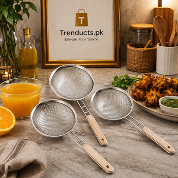 Stainless Steel Fine Mesh Strainer – Heavy-Duty Juice & Pakora Skimmer with Heat-Resistant Wood Handle