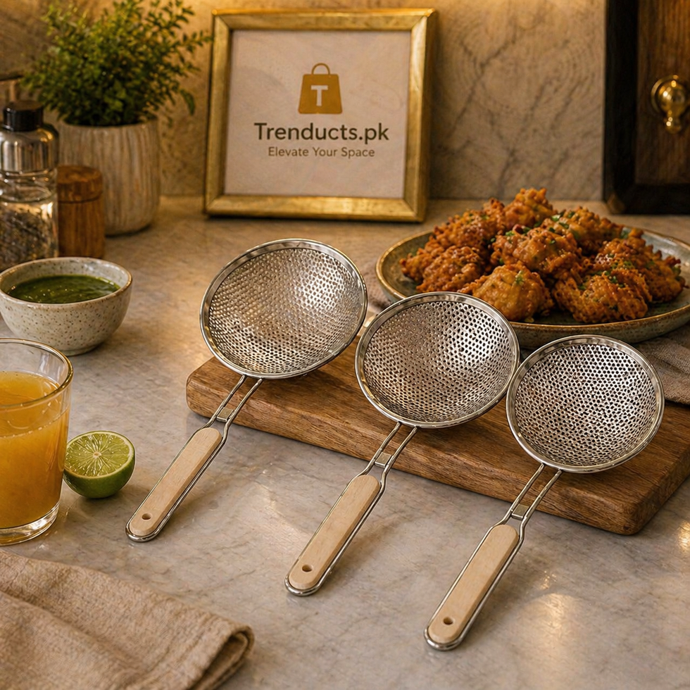 Stainless Steel Fine Mesh Strainer – Heavy-Duty Juice & Pakora Skimmer with Heat-Resistant Wood Handle