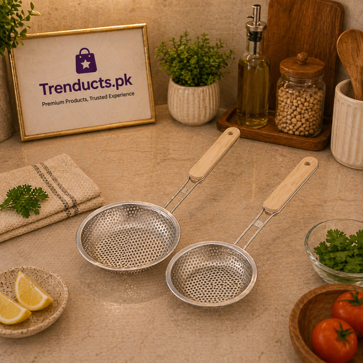 Stainless Steel Fine Mesh Strainer – Heavy-Duty Juice & Pakora Skimmer with Heat-Resistant Wood Handle