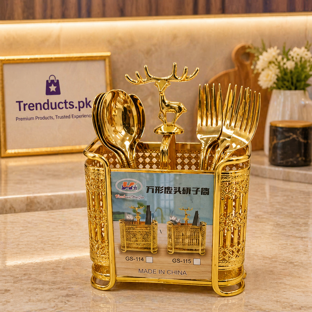 Luxury Golden Cutlery Organizer – 2-Compartment Stainless Steel Spoon Holder
