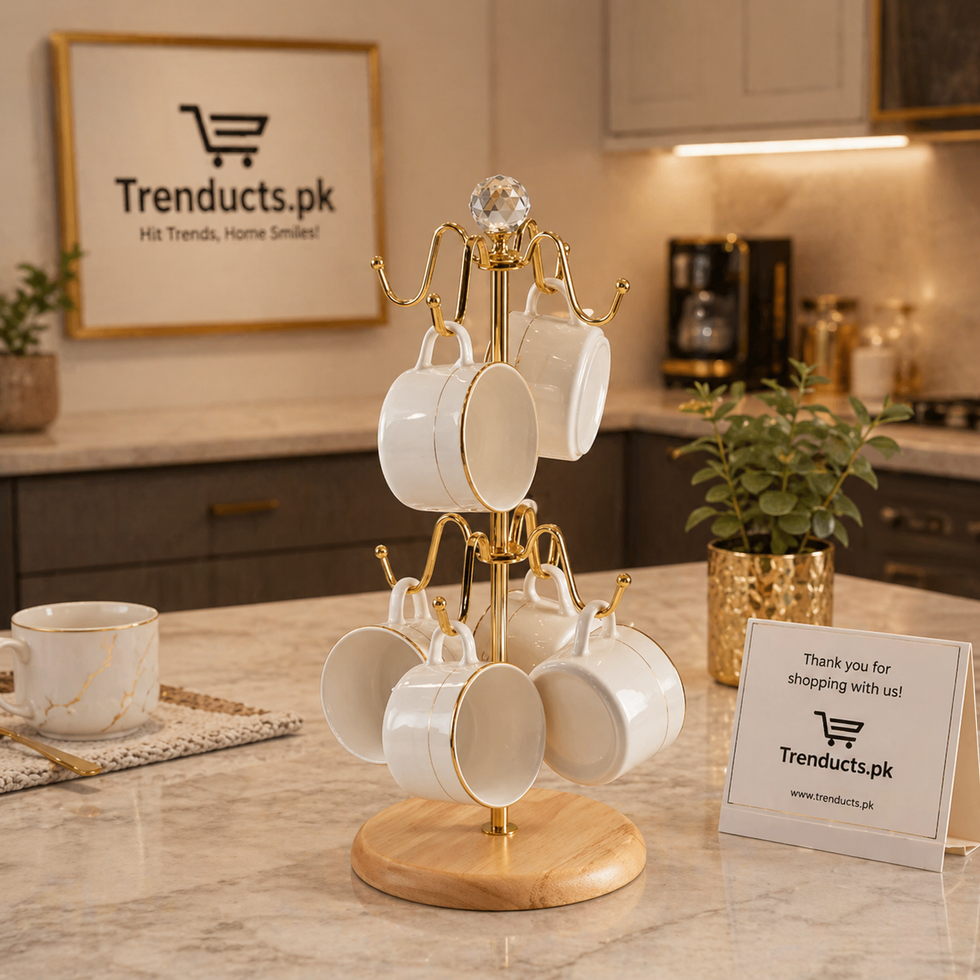 Luxury Golden & Wooden Mug Holder Stand – 6-Hook Countertop Coffee Cup Tree with Premium Metallic Finish and Natural Wood Base