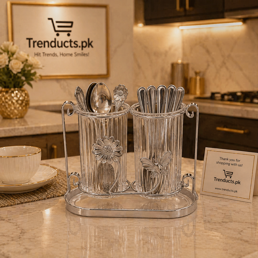 Luxury Acrylic Cutlery Organizer – 2-Compartment Spoon & Fork Holder with Gold-Finish Metal Stand