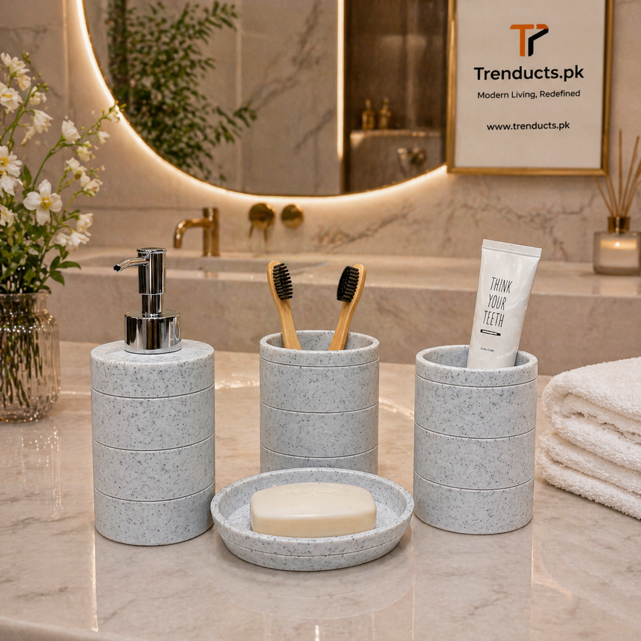 Premium 4-Piece Resin Bathroom Accessory Set – Modern Matte Liquid Soap Dispenser, Toothbrush Holder, Tumbler, and Soap Dish Collection