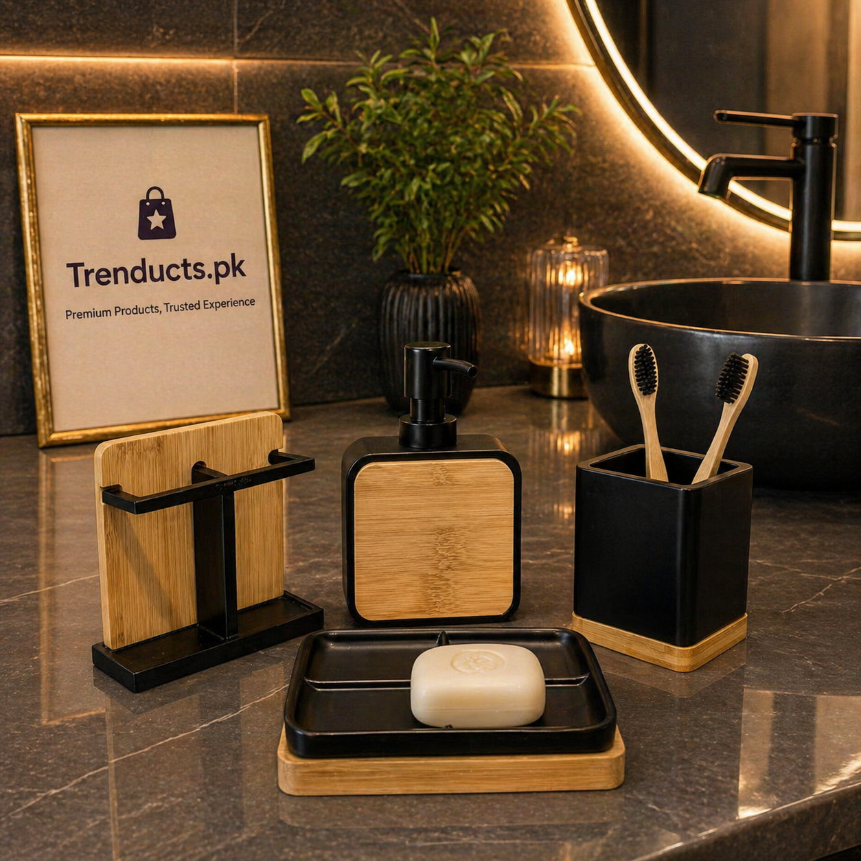 4-Piece Bathroom Accessory Set – Premium Matte Black Resin & Natural Bamboo Wood Dispenser, Toothbrush Stand, Tumbler, and Soap Dish