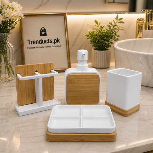 4-Piece Bathroom Accessory Set – Premium Matte White Resin & Natural Bamboo Wood Dispenser, Toothbrush Stand, Tumbler, and Soap Dish