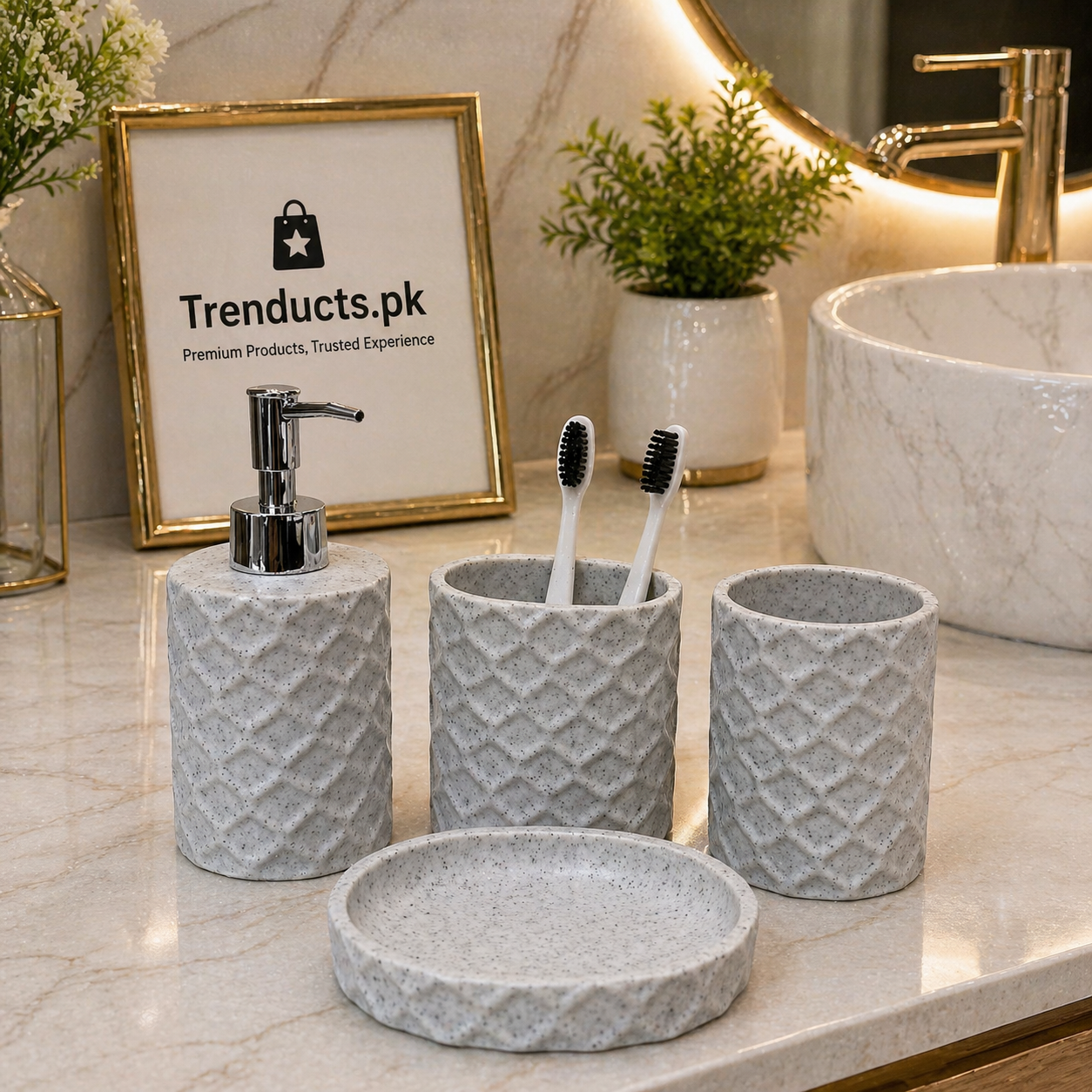 The Geometric Stone 4-Piece Resin Bathroom Accessory Set