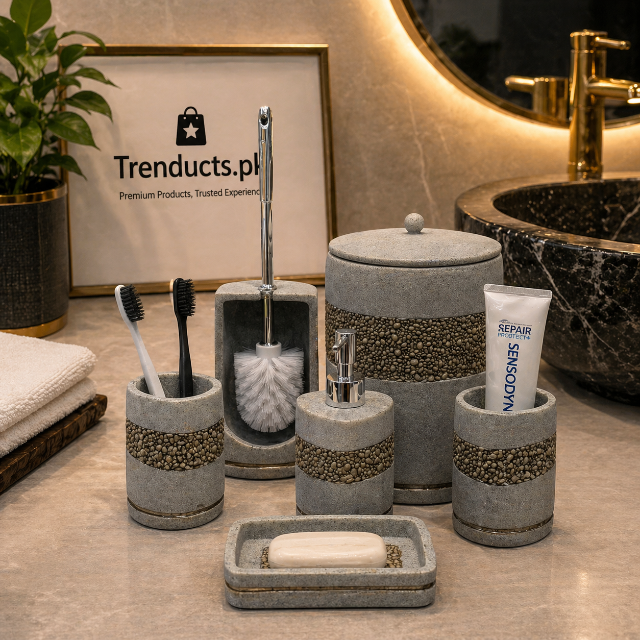 Luxury 6-Piece Ceramic Stone-Effect Bathroom Accessory Set