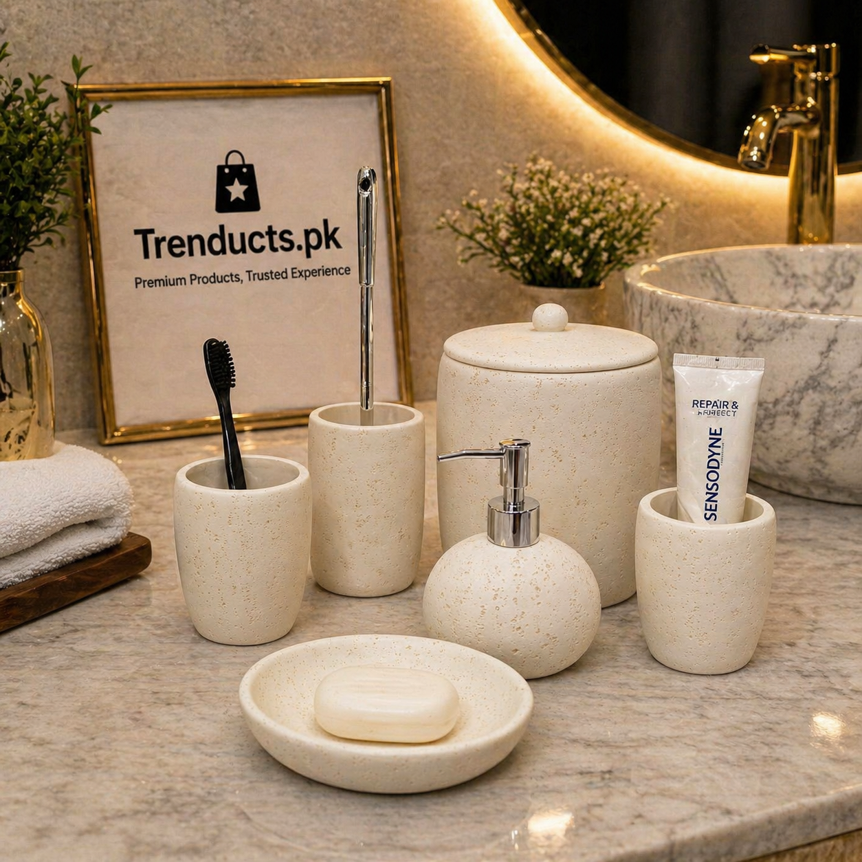 Luxury 6-Piece Ceramic Stone-Effect Bathroom Accessory Set – Available in Slate Grey & Sandstone Beige